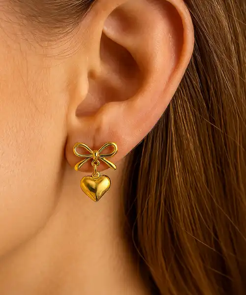gold bow heart earrings