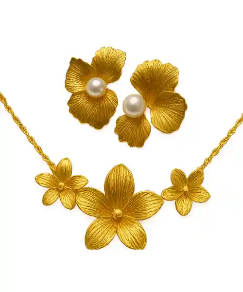 Set of 18K Gold Plated Floral Stud Earrings & Necklace For Women (14% OFF)